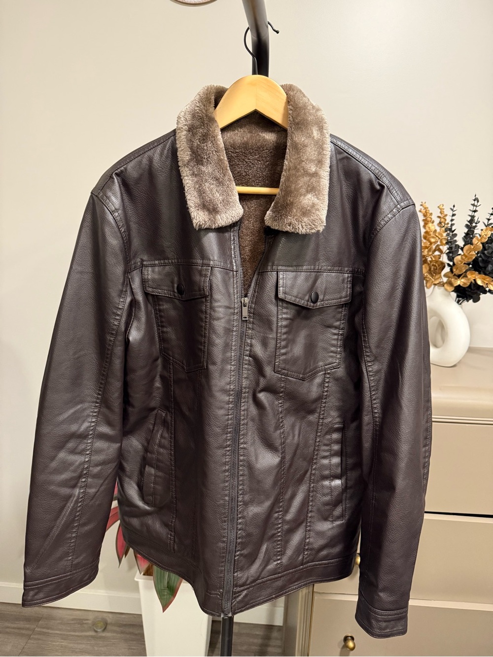 Men's Brown Faux Leather Jacket with Faux Fur Collar